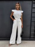 Jumpsuit round Neck Ruffle Pants with belt