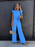 Jumpsuit round Neck Ruffle Pants with belt