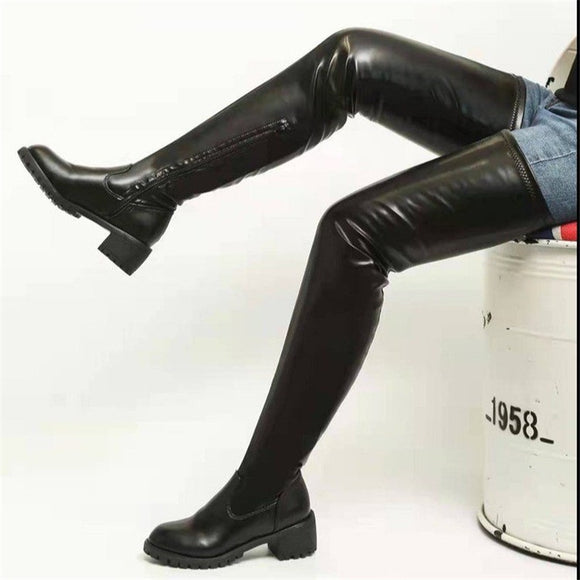 Flat Thigh High PU Leather Boots
