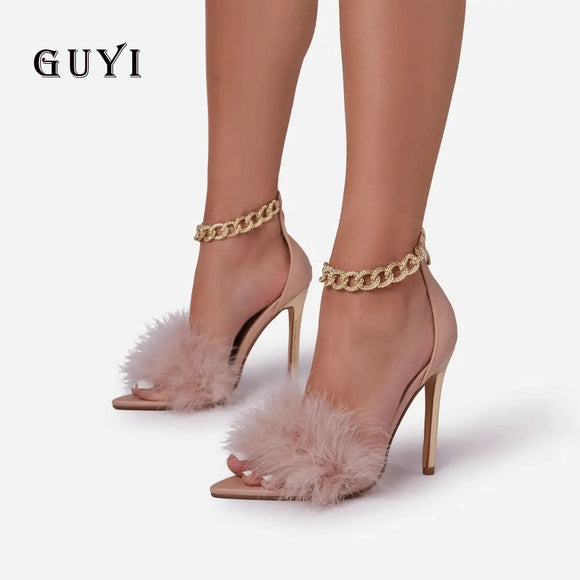 Pointed Toe Feather Heels w/Gold Ankle Chain