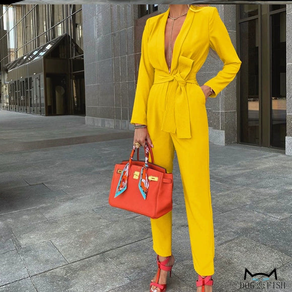 Deep V Neck Long Sleeve Jumpsuit with belt