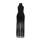 Turtleneck Velvet Ruched Tassel Hem Dress