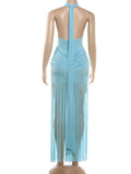Turtleneck Velvet Ruched Tassel Hem Dress