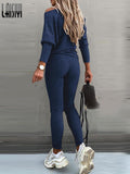 Solid Knitted Sweater Suit Casual Drawstring Skinny Pant Sets