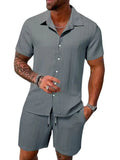 Casual Solid Color Loose Short-sleeved Drawstring Shorts- Men