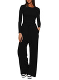Casual O Neck Long Sleeve & High Waist Wide Leg Pants Sets