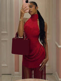 Turtleneck Velvet Ruched Tassel Hem Dress