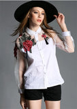 Floral Embroidery Chiffon Transparent Long Sleeve Blouse- PS