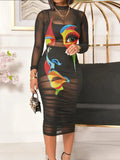 Printed Mesh Gauze Mid Length 3pc Dress