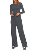 Casual O Neck Long Sleeve & High Waist Wide Leg Pants Sets