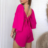 Backless Lace Up V Neck Flare Sleeve Shirt Tops + Loose Shorts 2pc Set