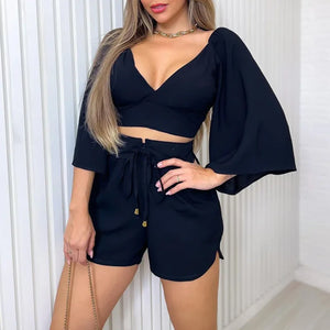 Backless Lace Up V Neck Flare Sleeve Shirt Tops + Loose Shorts 2pc Set