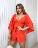Backless Lace Up V Neck Flare Sleeve Shirt Tops + Loose Shorts 2pc Set