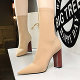 Women 10cm High Heels Silk Sock Boots Green Square Block Heels Ankle Boots Lady Spring Autumn Pointed Toe Satin Sexy Party Shoes