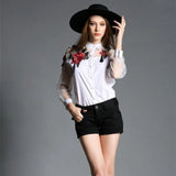 Floral Embroidery Chiffon Transparent Long Sleeve Blouse- PS
