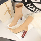 Women 10cm High Heels Silk Sock Boots Green Square Block Heels Ankle Boots Lady Spring Autumn Pointed Toe Satin Sexy Party Shoes