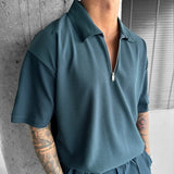 Zipper Polo Style Short-sleeved Drawstring Shorts - Men