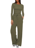 Casual O Neck Long Sleeve & High Waist Wide Leg Pants Sets