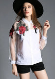 Floral Embroidery Chiffon Transparent Long Sleeve Blouse- PS