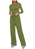 Casual O Neck Long Sleeve & High Waist Wide Leg Pants Sets