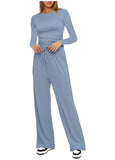 Casual O Neck Long Sleeve & High Waist Wide Leg Pants Sets