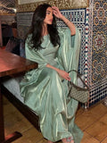 Satin Loose Batwing Sleeve O-neck A-line Robe Dress