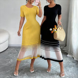 Stretchy Ribbed Knit Maxi Dress Sheer Mesh Hem