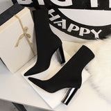 Women 10cm High Heels Silk Sock Boots Green Square Block Heels Ankle Boots Lady Spring Autumn Pointed Toe Satin Sexy Party Shoes