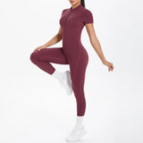 Short Sleeved One-Piece Suit Half Zipper Gym Yoga Set