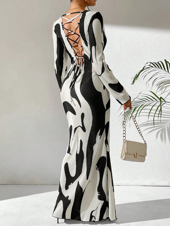 Long Sleeve Crew Neck Open Back Tie Up Maxi Dress