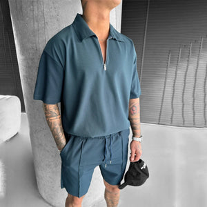 Zipper Polo Style Short-sleeved Drawstring Shorts - Men