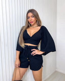 Backless Lace Up V Neck Flare Sleeve Shirt Tops + Loose Shorts 2pc Set