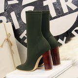Women 10cm High Heels Silk Sock Boots Green Square Block Heels Ankle Boots Lady Spring Autumn Pointed Toe Satin Sexy Party Shoes