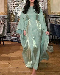 Satin Loose Batwing Sleeve O-neck A-line Robe Dress