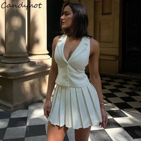 V-neck Vest Mini Pleated Skirt 2pc