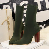 Women 10cm High Heels Silk Sock Boots Green Square Block Heels Ankle Boots Lady Spring Autumn Pointed Toe Satin Sexy Party Shoes