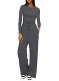 Casual O Neck Long Sleeve & High Waist Wide Leg Pants Sets