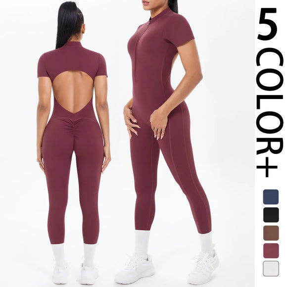 Short Sleeved One-Piece Suit Half Zipper Gym Yoga Set