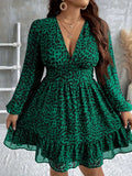 V-Neck Leopard Print Long-Sleeve Dress