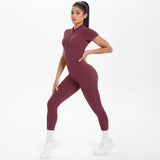 Short Sleeved One-Piece Suit Half Zipper Gym Yoga Set