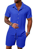 Casual Solid Color Loose Short-sleeved Drawstring Shorts- Men