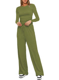 Casual O Neck Long Sleeve & High Waist Wide Leg Pants Sets