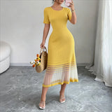 Stretchy Ribbed Knit Maxi Dress Sheer Mesh Hem