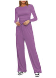 Casual O Neck Long Sleeve & High Waist Wide Leg Pants Sets