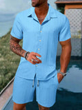 Casual Solid Color Loose Short-sleeved Drawstring Shorts- Men