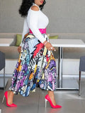 Long Sleeve Cartoon Mixed Print Pleated Cut Out Dress-PS