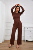 Casual O Neck Long Sleeve & High Waist Wide Leg Pants Sets