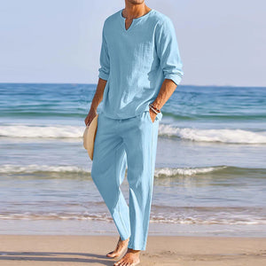 2Pcs Cotton Linen Blend Long Sleeve V-neck Shirt + Pants- Men