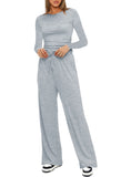 Casual O Neck Long Sleeve & High Waist Wide Leg Pants Sets