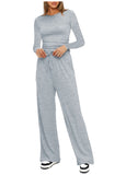 Casual O Neck Long Sleeve & High Waist Wide Leg Pants Sets
